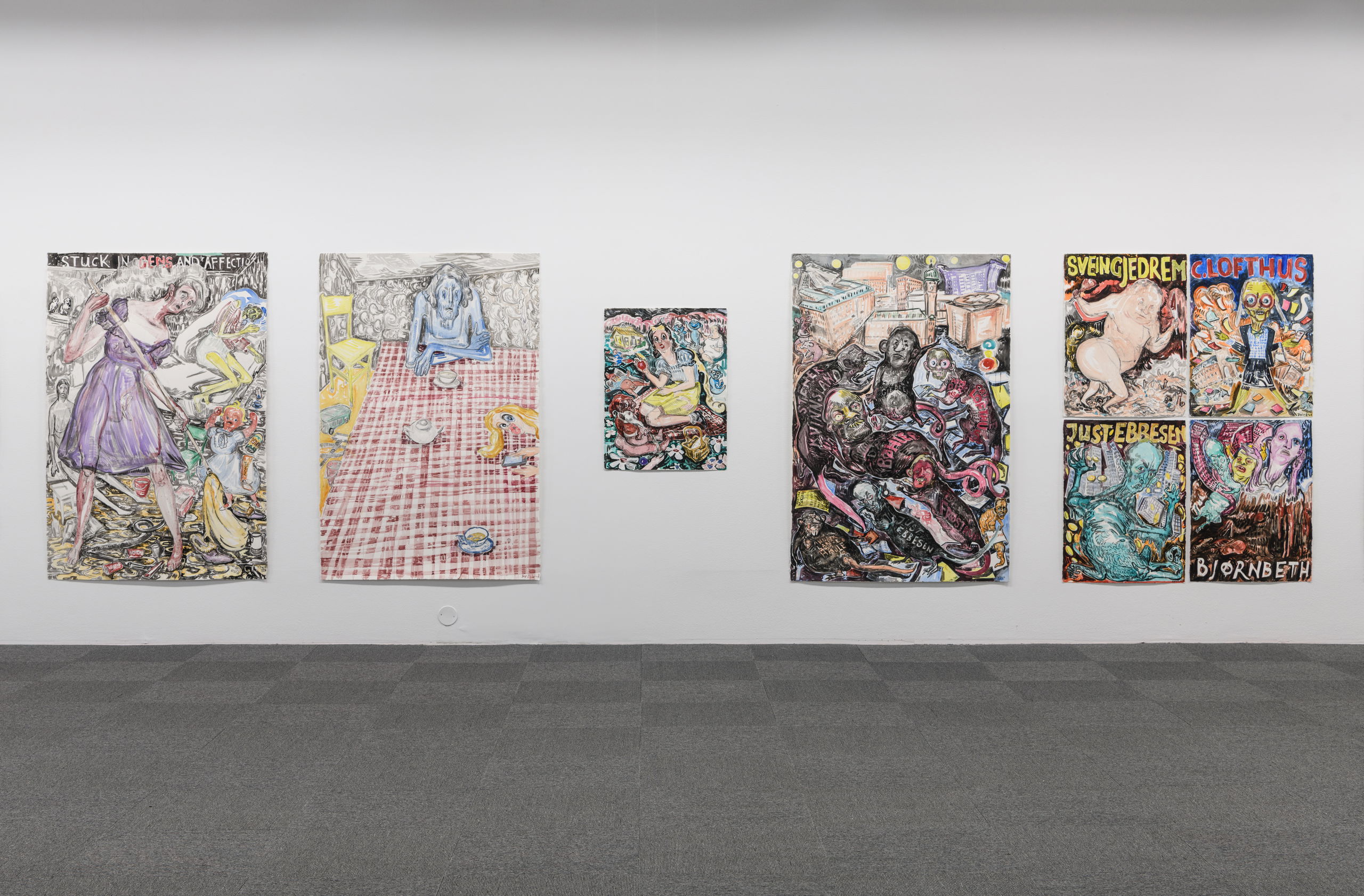 Vanessa Baird, Here we are again, happy as can be, all good pals and jolly good company (2021), installation view. Photo: Kunsthall Stavanger / Markus Johansson (Bitmap).