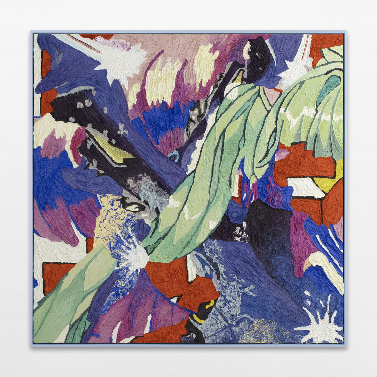 Ida Ekblad, SMOKIES SKYLAB (2020). Puff og plastisol på bomull, i kunstnerens egen ramme.