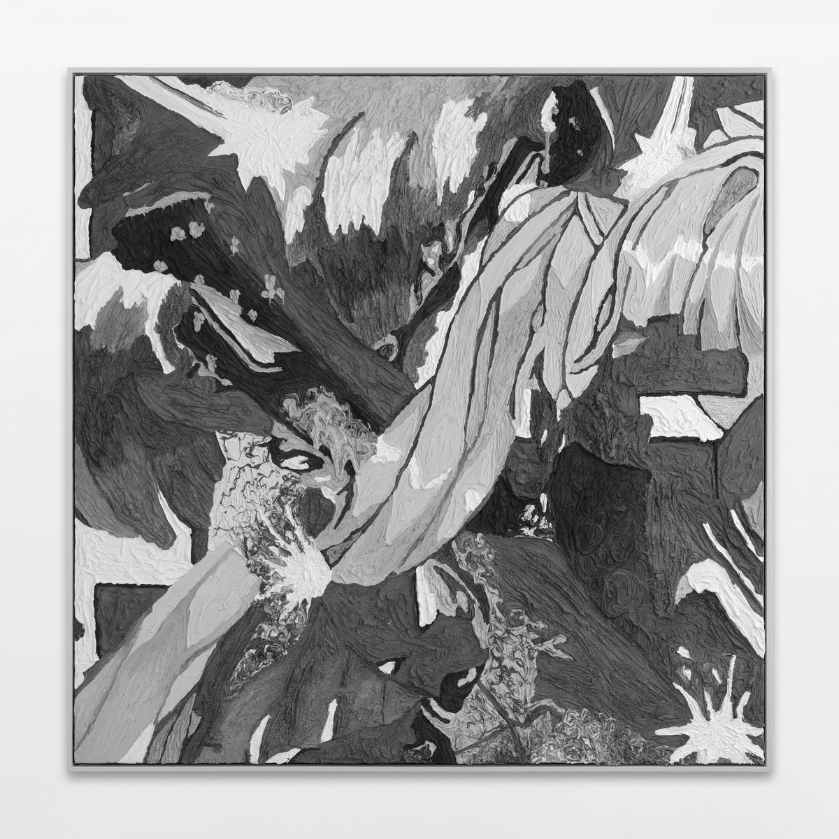 Ida Ekblad, SMOKIES SKYLAB (2020). Puff og plastisol på bomull, i kunstnerens egen ramme.